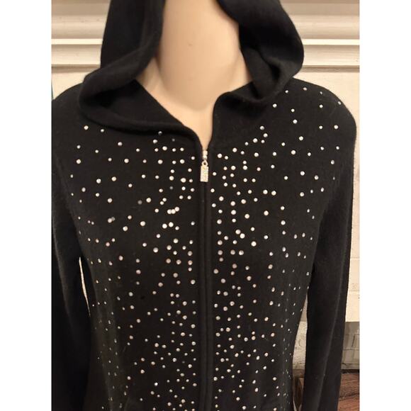 VINTAGE BLACK 100% CASHMERE RHINESTONED HOODIE S - Picture 1 of 8